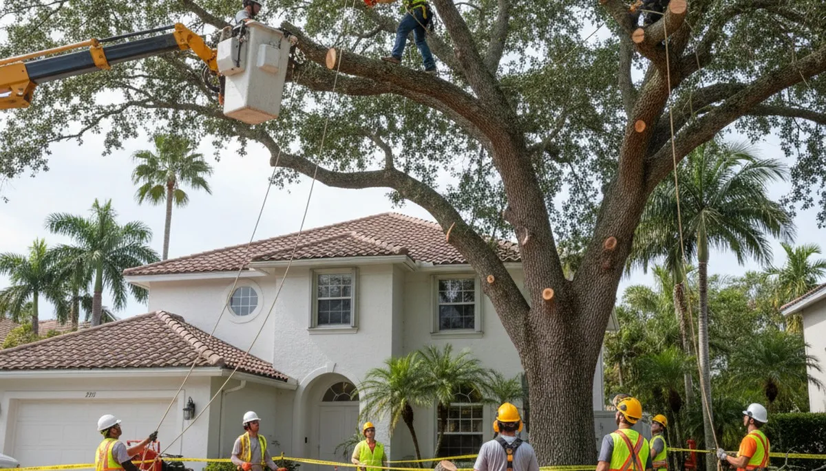 Arborists using bucket truck for large tree removal at a home in Boca Raton, FL