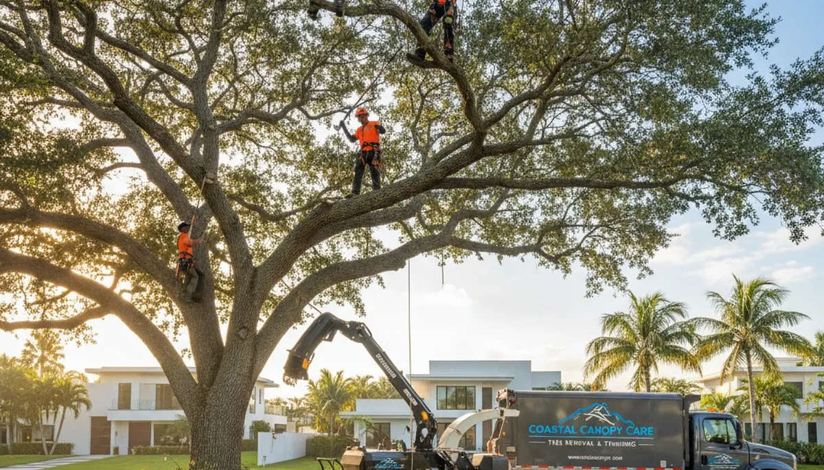 Professional tree removal service in Boca Raton FL safely cutting and hauling large oak tree