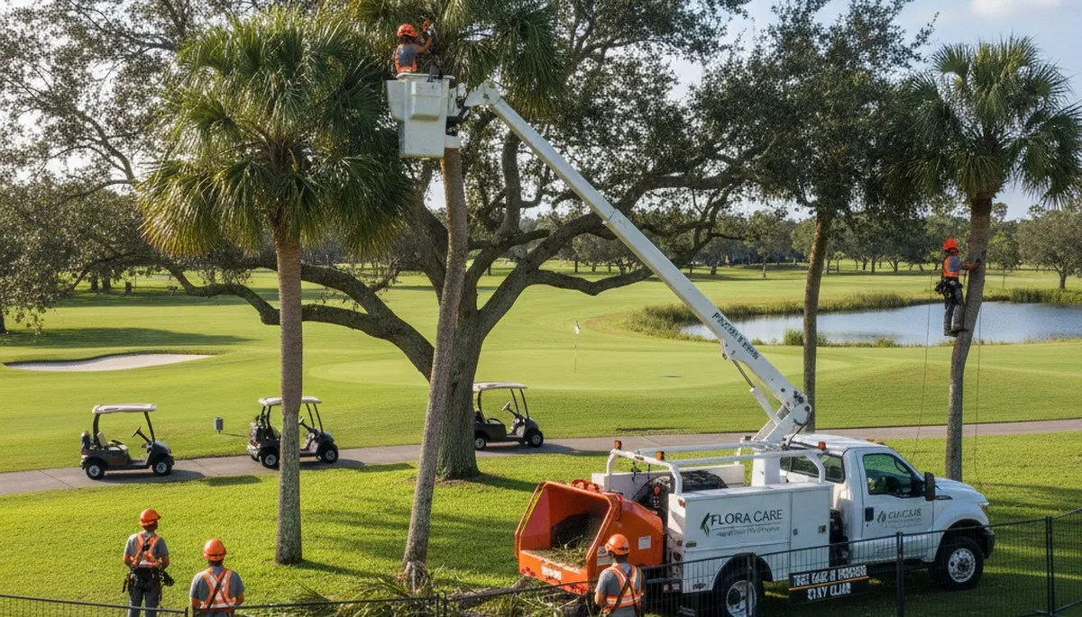Professional tree removal service in Boca Raton FL safely cutting and clearing large palm trees